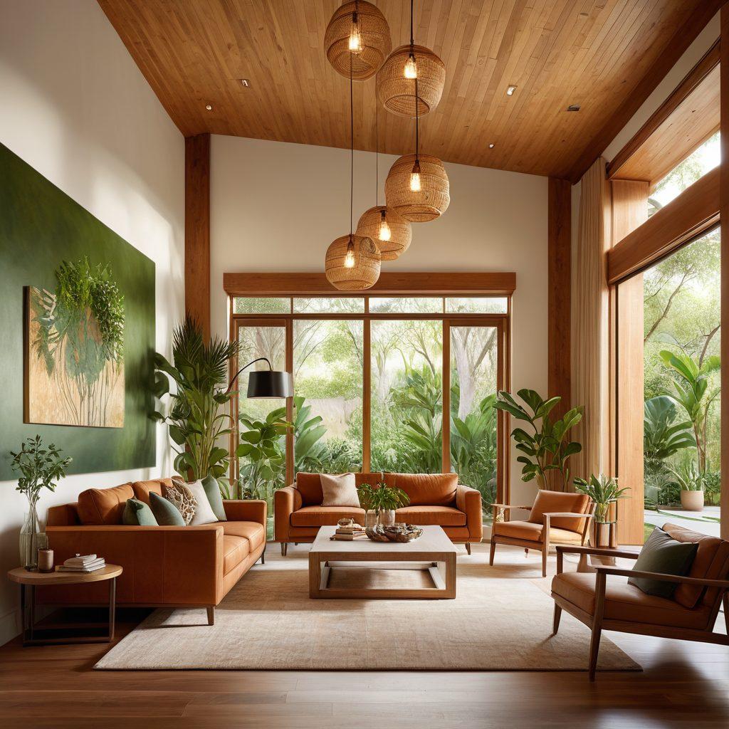 A serene living space illuminated by elegant eco-friendly light fixtures, showcasing unique architectural designs. Include plants, wooden accents, and soft natural lighting to evoke a cozy and sustainable atmosphere. Highlight the interplay of shadows and light on textured walls, emphasizing the elegance of the lighting. super-realistic. vibrant colors. warm hues.