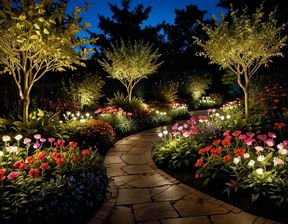 A captivating garden at twilight, showcasing energy-saving landscape lighting with dramatic illumination from FX Luminaire fixtures. Emphasize beautiful flower beds and a pathway lined with stunning lights that create a warm ambiance. Include soft shadows and a serene night sky filled with stars as a backdrop. Lush greenery enhances the overall inviting atmosphere. vivid colors. super-realistic.