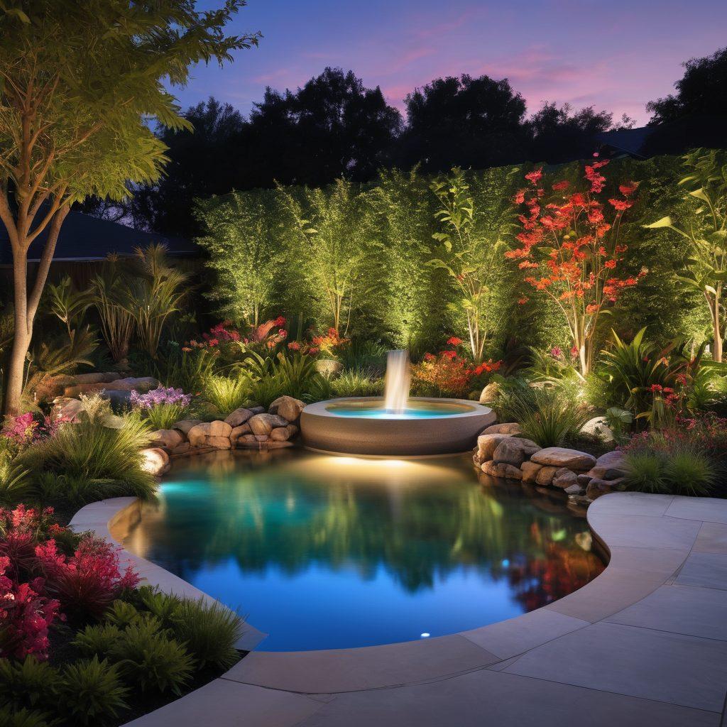 A stunning landscape design showcasing an elegant garden at dusk, illuminated by cutting-edge intelligent lighting fixtures that change colors and patterns. Include lush greenery, a serene water feature, and automated lights subtly enhancing the beauty of the flora. Show a user interacting with a smartphone app to control the lights, emphasizing technology's role in landscape design. Display a tranquil ambiance with a modern, sleek design aesthetic. super-realistic. vibrant colors. evening setting.